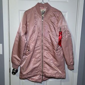 Soda Babe Jeans Jacket Women's Large Pink Satin Bomber Zip Pockets Lined Long